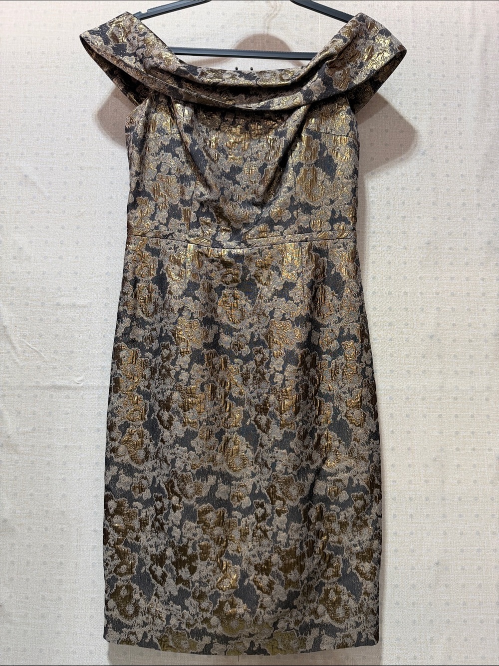 Calvin Klein One-Shoulder Metallic Floral Sheath Dress in Gold and Gray
